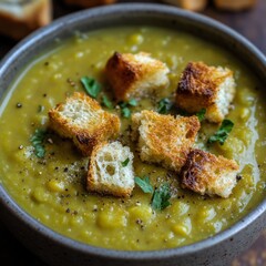 Poster - A bowl of creamy pea soup topped with croutons and fresh parsley.