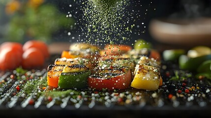 Wall Mural - Close up of Matcha Salt Sprinkled on Grilled Vegetables with Japanese Seasonings