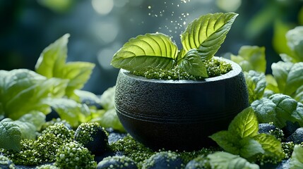 Wall Mural - Close up of Shiso Leaves Being Ground in Traditional Japanese Mortar with Aromatic Spices