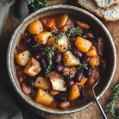 Wall Mural - A bowl of hearty bean soup with potatoes, carrots, and herbs.