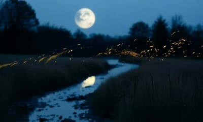 Wall Mural - Fireflies flicker in a meadow as the camera follows a winding stream. The water reflects the moonlight, creating a shimmering path that contrasts with the dark surroundings. The atmosphere is magical 