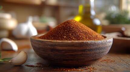 Wall Mural - Closeup of Authentic Spanish Pimentn de la Vera Spice in Wooden Bowl with Garlic and Olive Oil