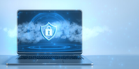 Canvas Print - Close up of laptop with glowing padlock and shield on cloud hologram. Blurry blue background with mock up place. Secure and protection concept. 3D Rendering.