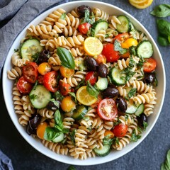 Poster - A bowl of pasta salad with tomatoes, cucumbers, olives, and basil.