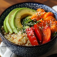 Poster - A bowl of quinoa topped with avocado, red pepper, carrots and sesame seeds.