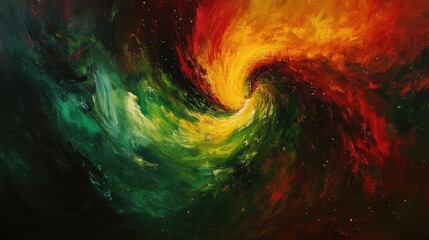 A swirling abstract nebula of vibrant colors, with shades of green and red blending together in a cosmic dance