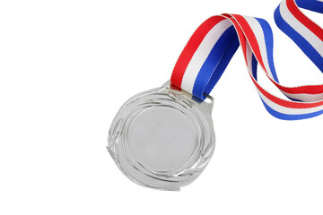 Wall Mural - Silver medal with multicolored ribbon isolated on white background.