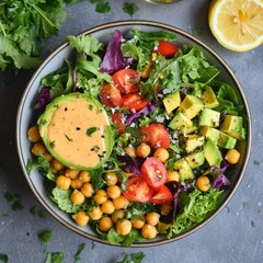 Canvas Print - A bowl of salad with chickpeas, avocado, tomatoes, and a creamy dressing.