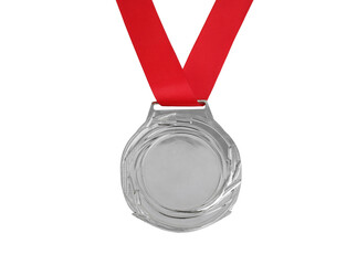 Wall Mural - Silver medal with red ribbon isolated on white background.	