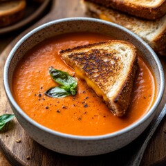 Sticker - A bowl of tomato soup with a grilled cheese sandwich.