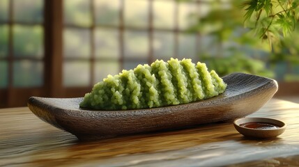 Wall Mural - Freshly Grated Wasabi Root on a Traditional Sharkskin Grater with Soy Sauce