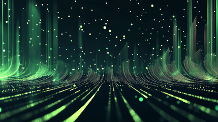 A digital landscape of glowing lines and dots in dark green, representing data visualization in business