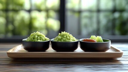 Wall Mural - Freshly Grated Wasabi with Soy Sauce and Pickled Ginger on Wooden Platter Japanese Condiments