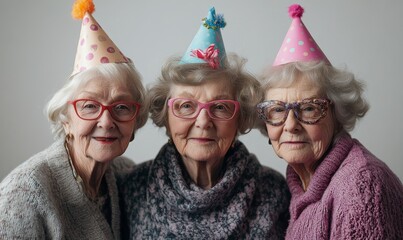 Studio portrait captures senior women celebrating a birthday. Generative AI