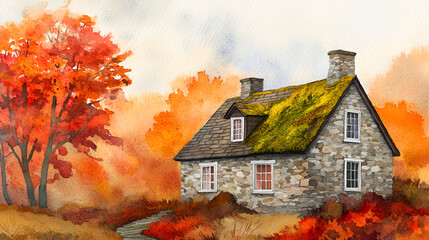 Poster - Charming Stone Cottage in Autumnal Landscape - Watercolor Painting