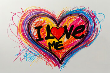 Wall Mural - Text I love me in heart shape in chaotic wax crayon drawing style