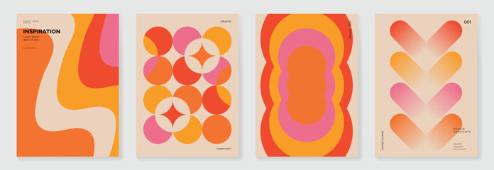 Collection of 70s color gradient poster background vector. Set of retro wall decoration, groovy, trippy, geometric shape. Vintage hippie wall art for interior, decorative, banner, cover, card.