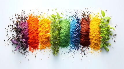 Vibrant 3D Rendered Rainbow Arrangement of Spices and Herbs on White Background