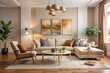 © DigitalArt Max - Beige furniture in the cozy living room pairs perfectly with abstract artwork, inspiring a soothing and modern decor
