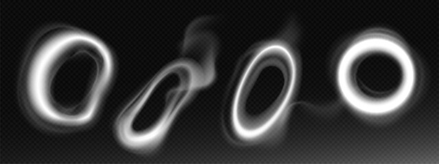 Wall Mural - smoke cloud ring on dark transparent background. realistic 3d vector illustration set of vapor steam