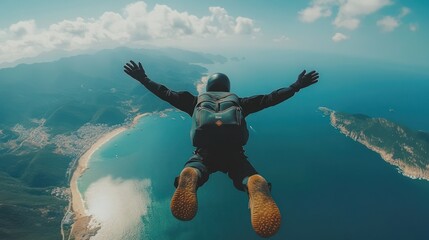 Wall Mural - sky diving over sea and mountain background
