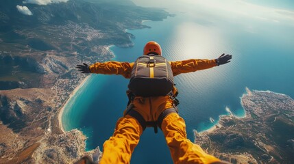 Wall Mural - sky diving over sea and mountain background