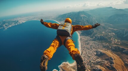 Wall Mural - sky diving over sea and mountain background