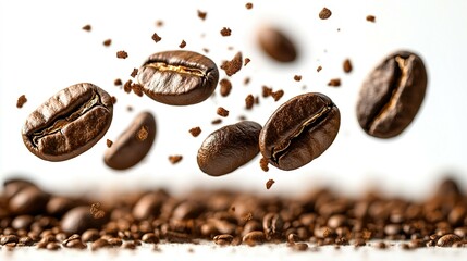 Wall Mural - Roasted Coffee Beans Falling Towards a Pile of Beans