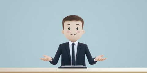 A cheerful businessman in a suit sits at a desk with open hands ready to help