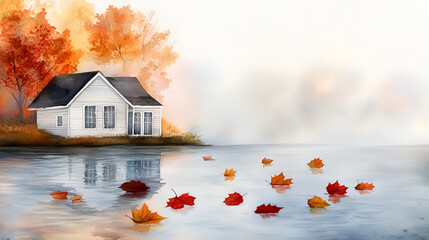 Sticker - Watercolor Painting of a Cozy Cabin with Autumn Leaves Floating on a Lake - Perfect for Fall Decorations and Greeting Cards