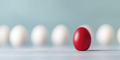 A single red ball stands out among a row of white balls against a soft blue background