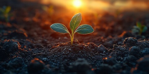 Close-up of a green sprout emerging from the soil at sunset, symbolizing growth and renewal, perfect for business themes in spring campaigns.