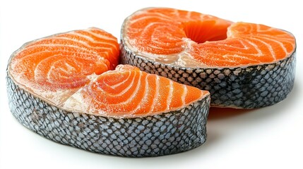 Wall Mural - Raw Salmon Steaks with Skin on a White Background