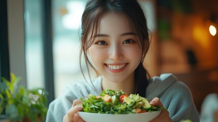 Happy Young woman eating Salted salmon salad with fresh green lettuce,smoked salmon,tomato,Ketogenic,diet lunch bowl,enjoy eat clean vegetables after exercise,Healthy food concept,sport girl.