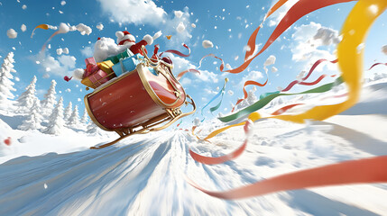 Sleigh rides through a snow-covered landscape rainbow