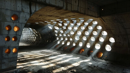 Wall Mural - Ephemeral Symmetry: Light and Shadow Dance in Unfinished Concrete Cathedral