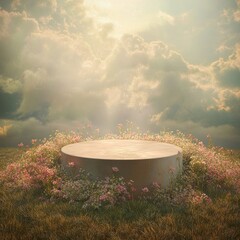 Canvas Print - A circular pedestal surrounded by pink flowers on a field with a cloudy sky.