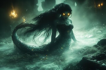 A sinister mermaid with glowing yellow eyes emerges from misty waters, creating an eerie and haunting atmosphere.