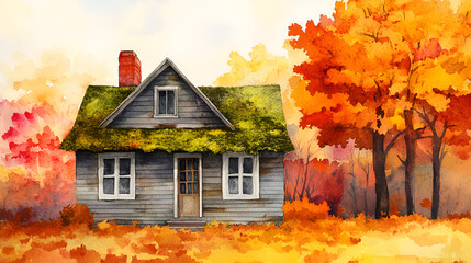 Poster - Charming Watercolor Illustration of a Cozy Cottage in Autumn Foliage