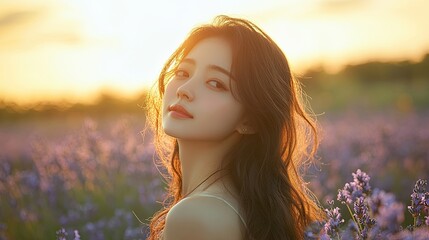 5. A young Japanese woman with long wavy hair, wearing a pastel-colored dress, standing in a field of lavender flowers, her eyes reflecting joy and peace as the sun sets behind her