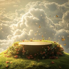 Wall Mural - A circular platform with flowers, surrounded by butterflies, floating on clouds with a shining sky.