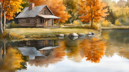 Poster - Watercolor Painting of a Rustic Cabin by a Tranquil Lake with Autumn Colors