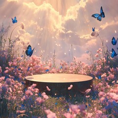 Wall Mural - A circular podium sits in a field of pink flowers with butterflies and a soft, dreamy sky.