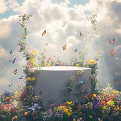 Wall Mural - A circular stone pedestal surrounded by flowers and butterflies with a bright, cloudy sky as a background.