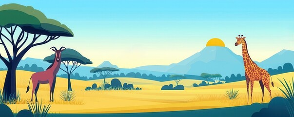 Contrast safari landscape, exotic wildlife, flat design illustration