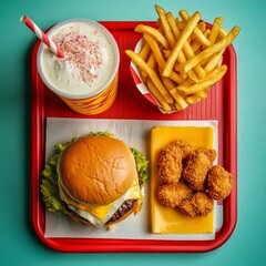 Sticker - A classic burger meal with fries, a milkshake, and chicken nuggets on a red tray.