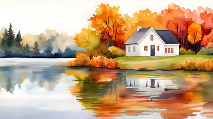 Poster - Watercolor Painting of a White Cottage by the Lake in Autumn