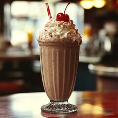 Wall Mural - A classic chocolate milkshake with whipped cream, a cherry, and a red and white striped straw on a table in a diner.