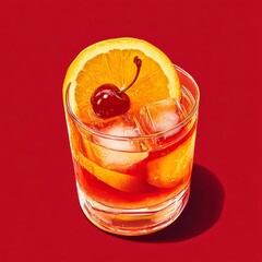 Poster - A classic Old Fashioned cocktail garnished with a cherry and orange slice in a rocks glass on a red background.