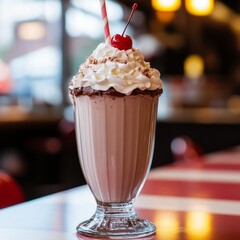 Wall Mural - A classic milkshake with whipped cream, chocolate sprinkles, and a cherry on top, in a tall glass with a red and white striped straw.